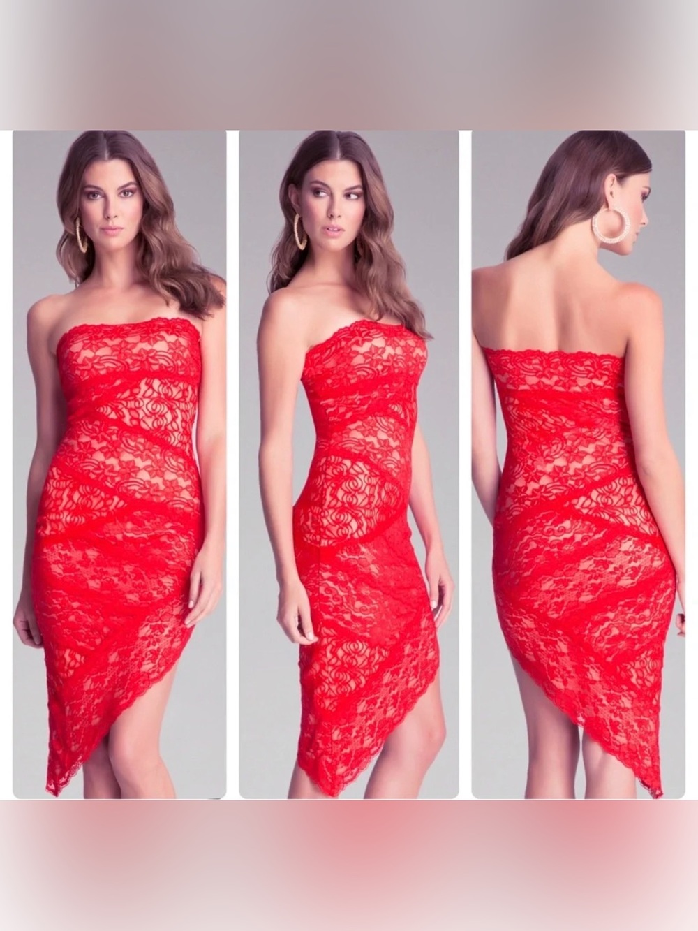 NWOT bebe Strapless Scalloped Lace Asymmetrical Hem Dress in Red
